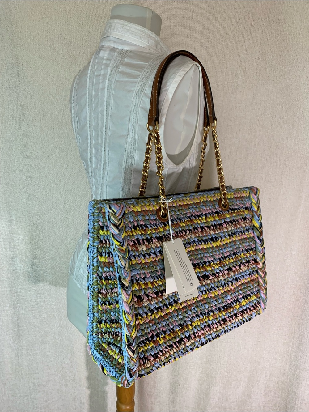 Tory Burch Ella Raffia Melange Multicolor Small Chain Tote - Picture 12 of 16